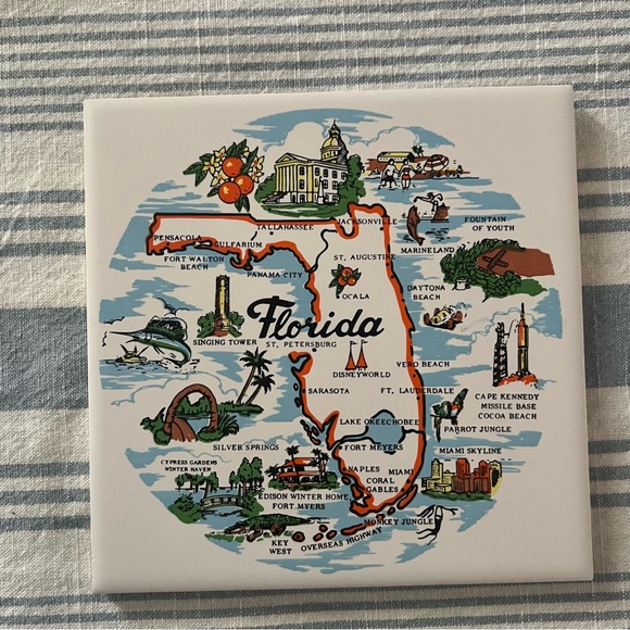 Vintage Florida Map Ceramic Tile Trivet Collectible Decor - Picture 1 of 8